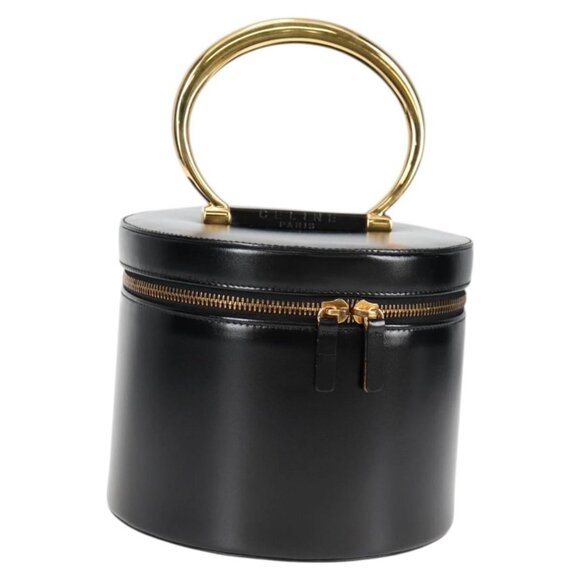 CELINE Vanity Cosmetic Pouch Leather Black Gold Auth 125415V - Picture 1 of 16